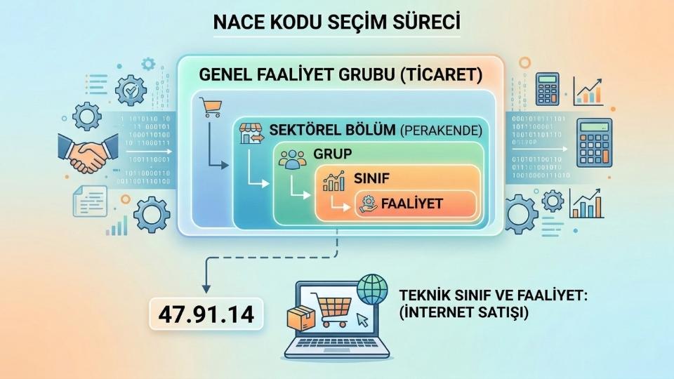 NACE kodu hiyerarşisini ve dijital alışveriş sepetini gösteren bir grafik.