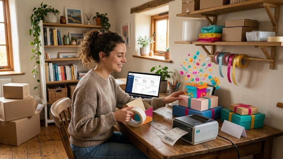 Ev ortamında bilgisayar başında satış yapan ve ürün paketleyen genç girişimci.