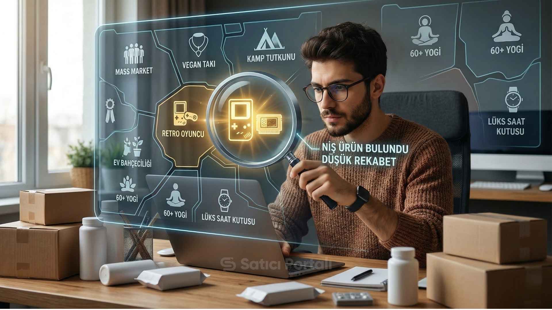 Bir büyüteç altında dünya küresi üzerinde parlayan spesifik bir nokta ve alışveriş sepeti.